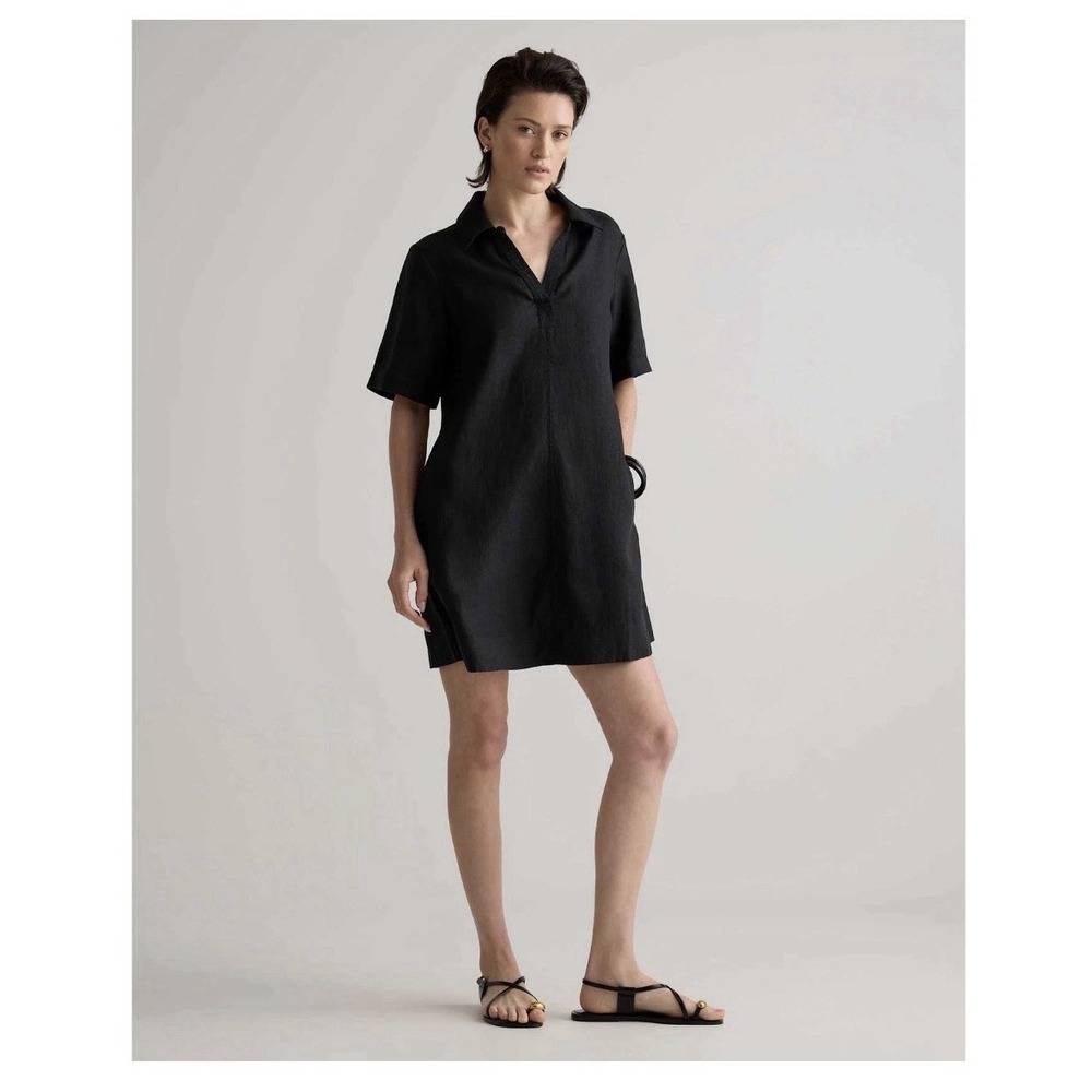 Quince 100% European Linen Popover Mini Dress Black Minimalist, Lagenlook Size M